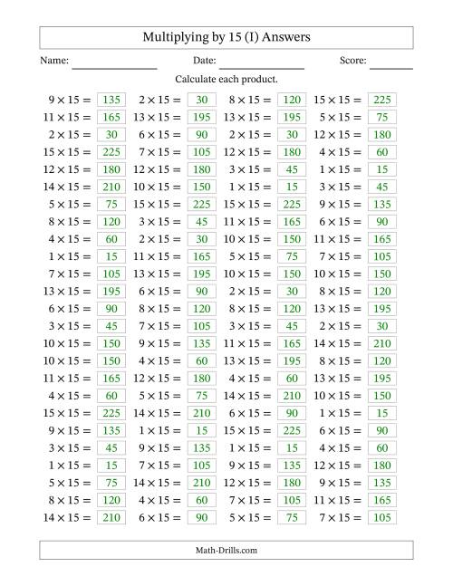 The Horizontally Arranged Multiplying (1 to 15) by 15 (100 Questions) (I) Math Worksheet Page 2