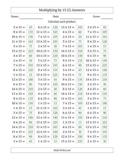 The Horizontally Arranged Multiplying (1 to 15) by 15 (100 Questions) (J) Math Worksheet Page 2