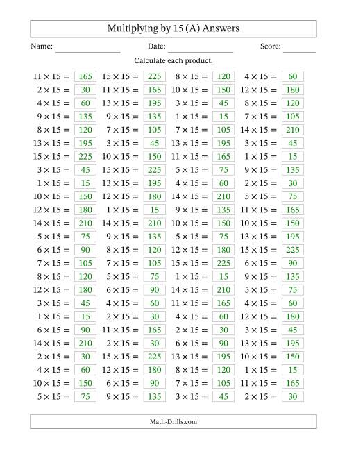 The Horizontally Arranged Multiplying (1 to 15) by 15 (100 Questions) (All) Math Worksheet Page 2