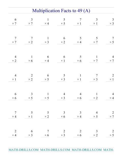 The Multiplication Facts to 49 (no zeros) (A) Math Worksheet
