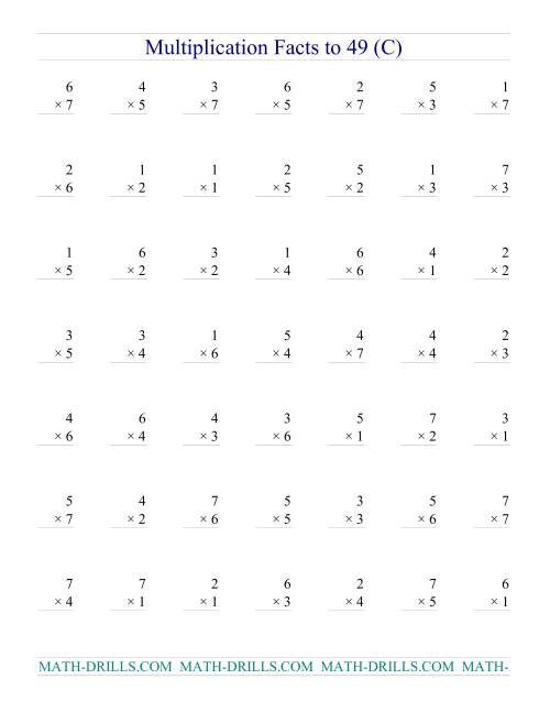 The Multiplication Facts to 49 (no zeros) (C) Math Worksheet