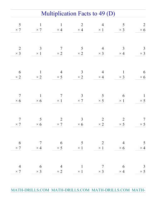 The Multiplication Facts to 49 (no zeros) (D) Math Worksheet