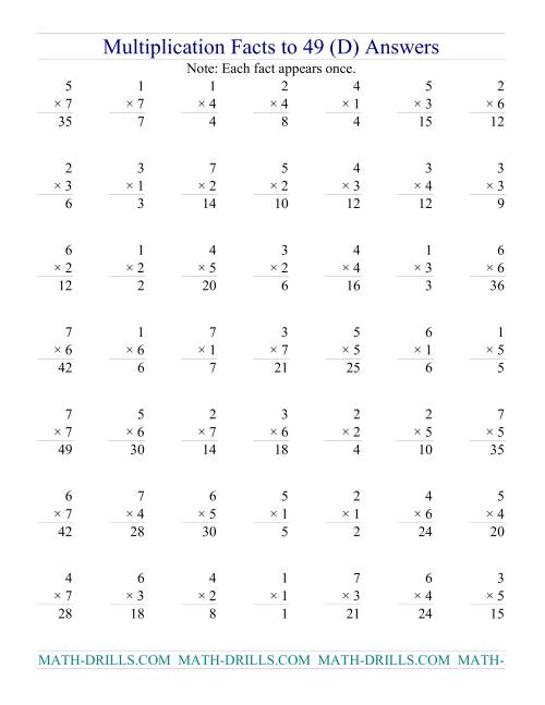 The Multiplication Facts to 49 (no zeros) (D) Math Worksheet Page 2