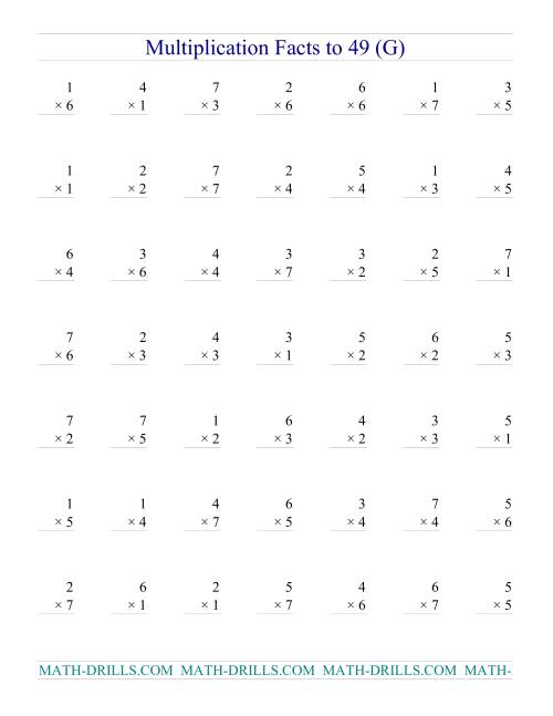 The Multiplication Facts to 49 (no zeros) (G) Math Worksheet