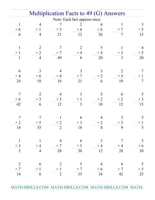 The Multiplication Facts to 49 (no zeros) (G) Math Worksheet Page 2