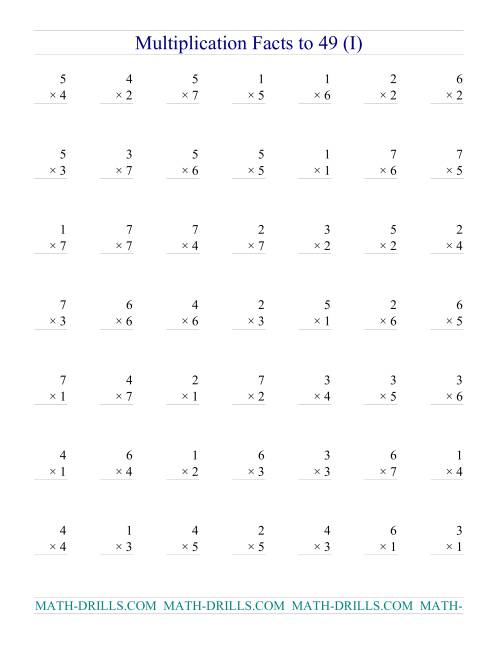 The Multiplication Facts to 49 (no zeros) (I) Math Worksheet
