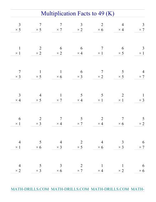 The Multiplication Facts to 49 (no zeros) (K) Math Worksheet