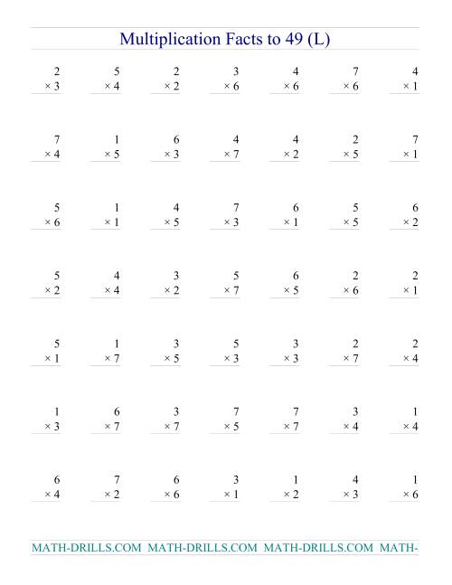 The Multiplication Facts to 49 (no zeros) (L) Math Worksheet