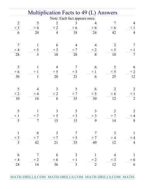 The Multiplication Facts to 49 (no zeros) (L) Math Worksheet Page 2