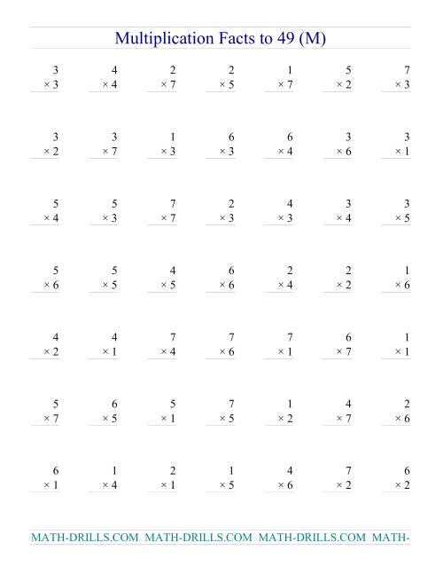 The Multiplication Facts to 49 (no zeros) (M) Math Worksheet