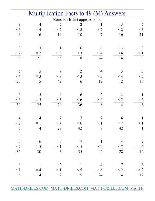 The Multiplication Facts to 49 (no zeros) (M) Math Worksheet Page 2