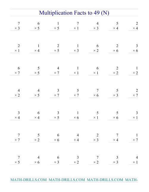 The Multiplication Facts to 49 (no zeros) (N) Math Worksheet