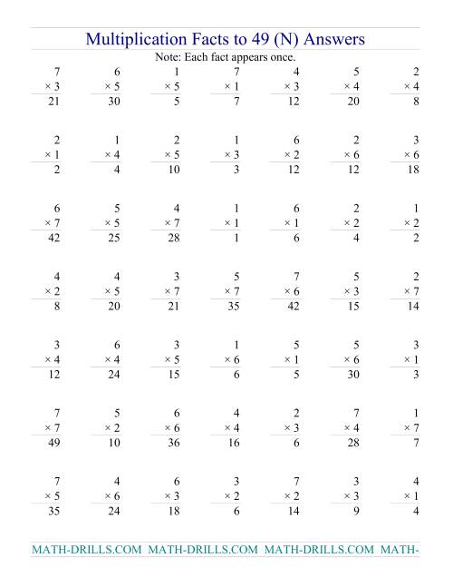 The Multiplication Facts to 49 (no zeros) (N) Math Worksheet Page 2