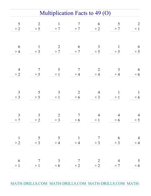 The Multiplication Facts to 49 (no zeros) (O) Math Worksheet