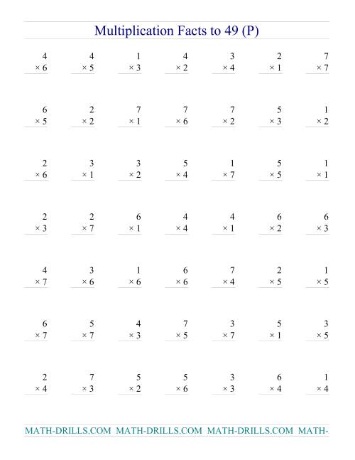 The Multiplication Facts to 49 (no zeros) (P) Math Worksheet
