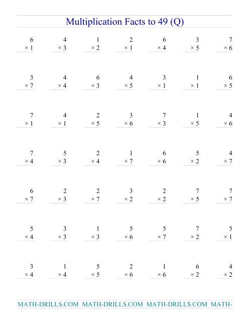 The Multiplication Facts to 49 (no zeros) (Q) Math Worksheet