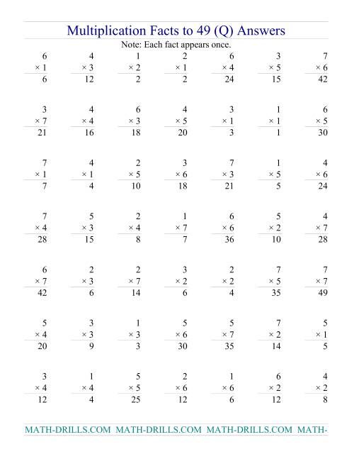 The Multiplication Facts to 49 (no zeros) (Q) Math Worksheet Page 2