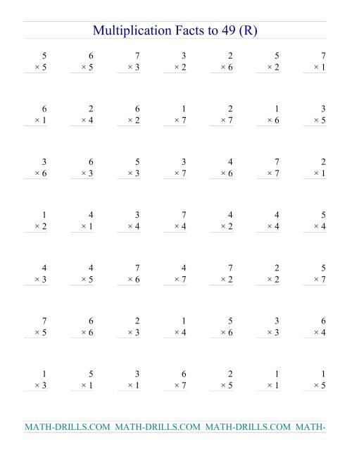 The Multiplication Facts to 49 (no zeros) (R) Math Worksheet