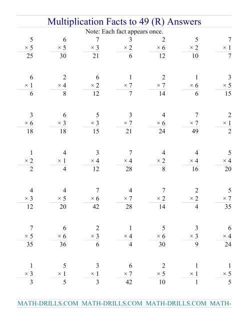 The Multiplication Facts to 49 (no zeros) (R) Math Worksheet Page 2