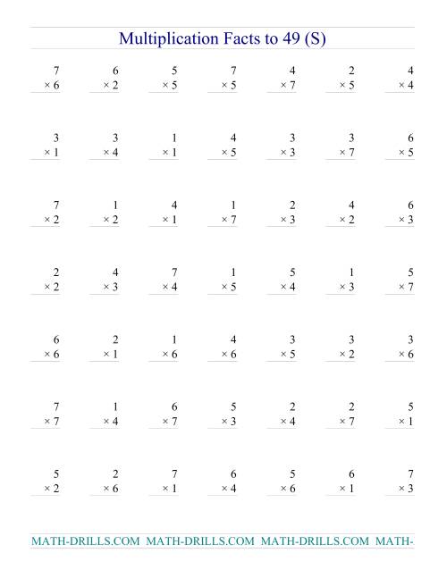 The Multiplication Facts to 49 (no zeros) (S) Math Worksheet