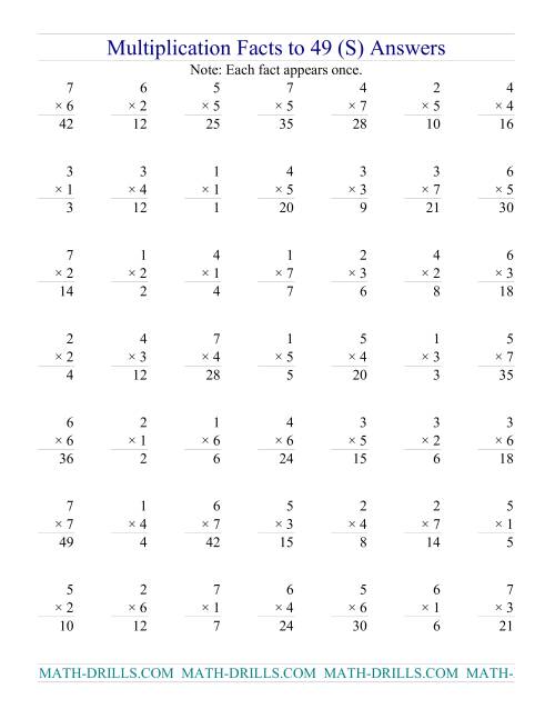 The Multiplication Facts to 49 (no zeros) (S) Math Worksheet Page 2