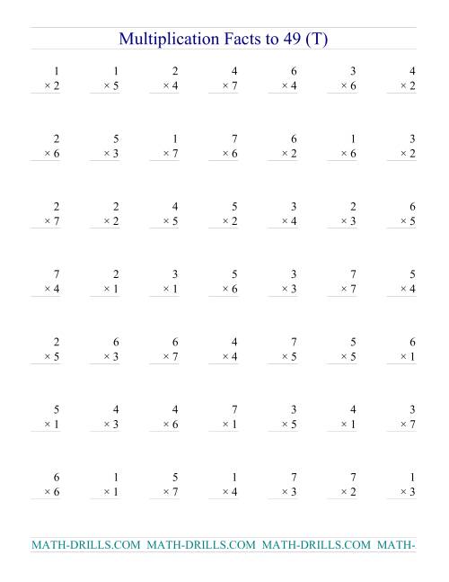 The Multiplication Facts to 49 (no zeros) (T) Math Worksheet