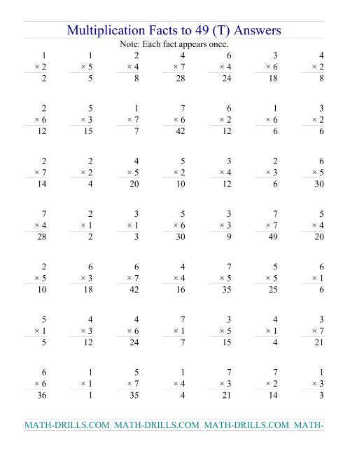 The Multiplication Facts to 49 (no zeros) (T) Math Worksheet Page 2