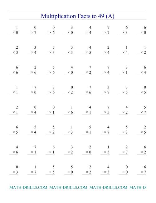The Multiplication Facts to 49 (with zeros) (A) Math Worksheet