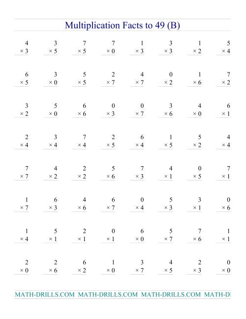 The Multiplication Facts to 49 (with zeros) (B) Math Worksheet