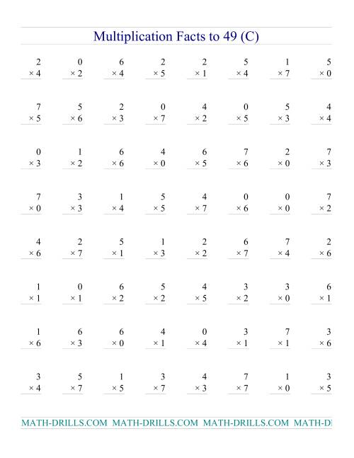 The Multiplication Facts to 49 (with zeros) (C) Math Worksheet