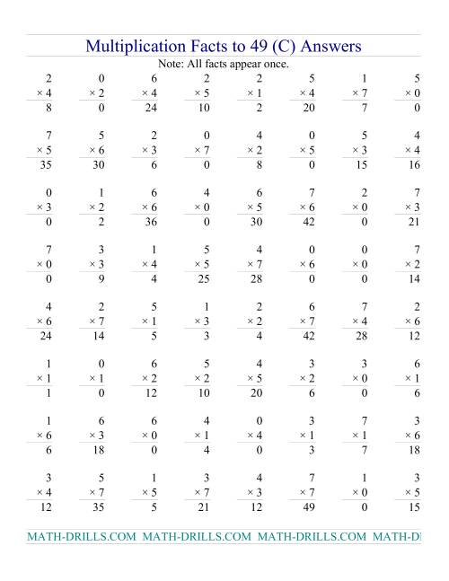 The Multiplication Facts to 49 (with zeros) (C) Math Worksheet Page 2