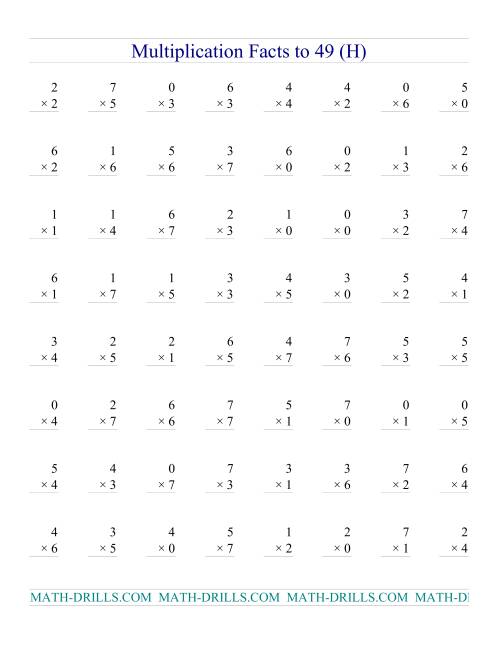 The Multiplication Facts to 49 (with zeros) (H) Math Worksheet