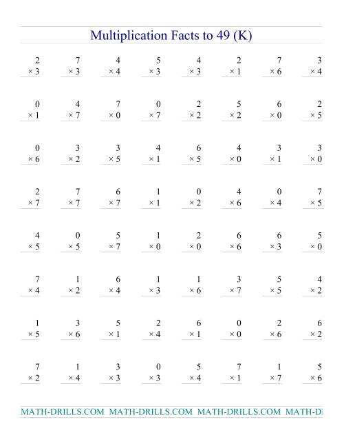 The Multiplication Facts to 49 (with zeros) (K) Math Worksheet