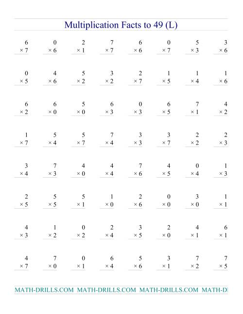 The Multiplication Facts to 49 (with zeros) (L) Math Worksheet