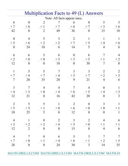 The Multiplication Facts to 49 (with zeros) (L) Math Worksheet Page 2