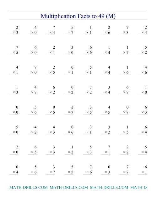 The Multiplication Facts to 49 (with zeros) (M) Math Worksheet