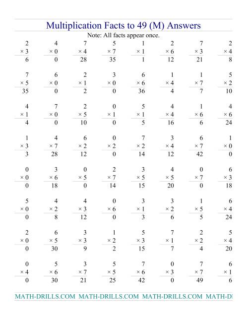 The Multiplication Facts to 49 (with zeros) (M) Math Worksheet Page 2
