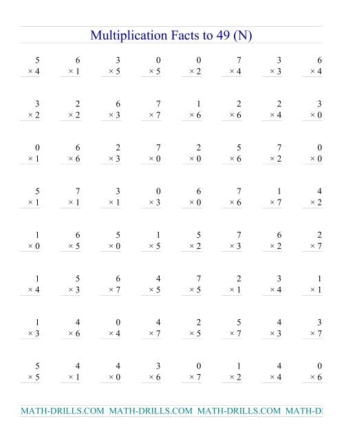 The Multiplication Facts to 49 (with zeros) (N) Math Worksheet