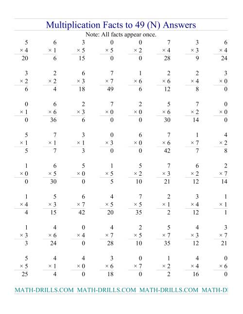 The Multiplication Facts to 49 (with zeros) (N) Math Worksheet Page 2