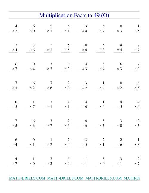 The Multiplication Facts to 49 (with zeros) (O) Math Worksheet