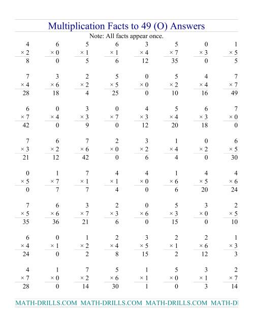 The Multiplication Facts to 49 (with zeros) (O) Math Worksheet Page 2