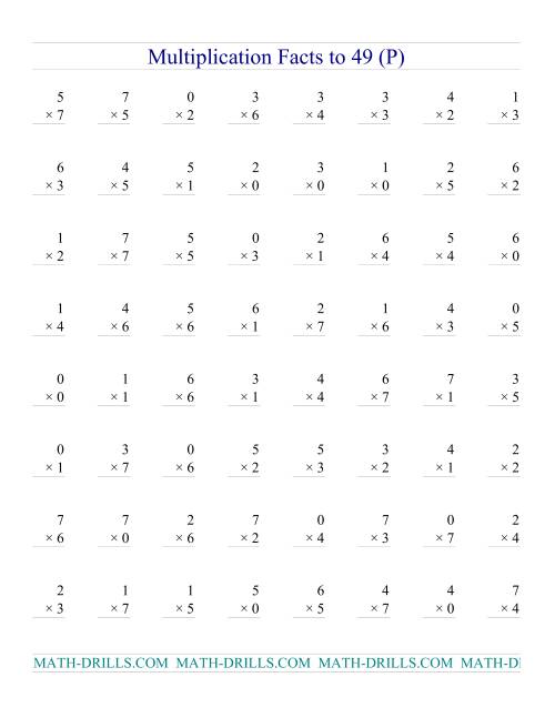 The Multiplication Facts to 49 (with zeros) (P) Math Worksheet