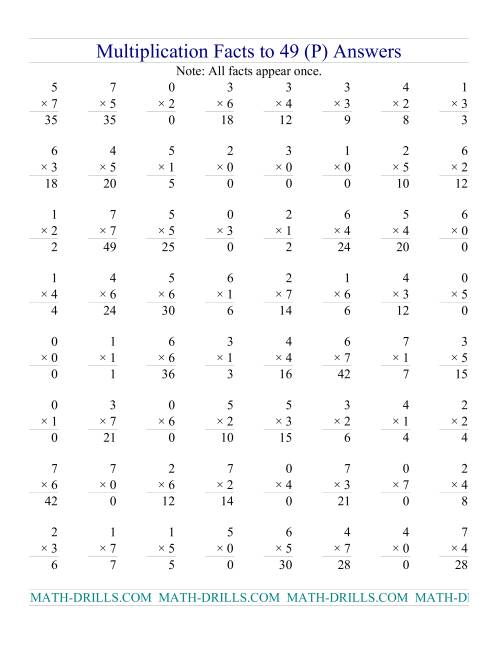 The Multiplication Facts to 49 (with zeros) (P) Math Worksheet Page 2