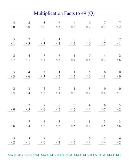 The Multiplication Facts to 49 (with zeros) (Q) Math Worksheet