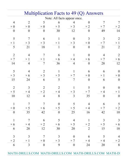 The Multiplication Facts to 49 (with zeros) (Q) Math Worksheet Page 2