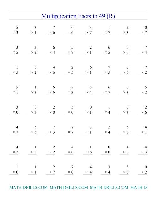 The Multiplication Facts to 49 (with zeros) (R) Math Worksheet