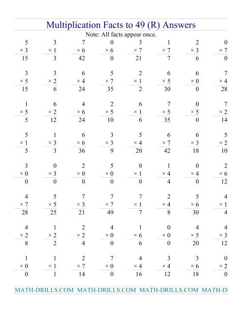 The Multiplication Facts to 49 (with zeros) (R) Math Worksheet Page 2