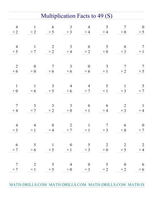 The Multiplication Facts to 49 (with zeros) (S) Math Worksheet