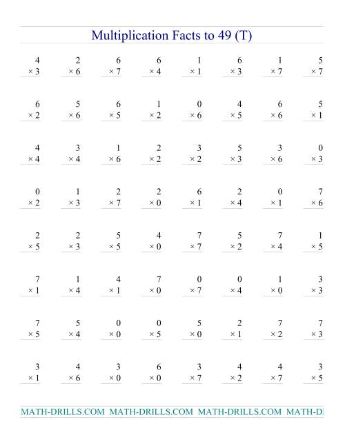 The Multiplication Facts to 49 (with zeros) (T) Math Worksheet