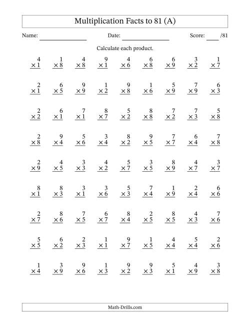 The Multiplication Facts to 81 (81 Questions) (No Zeros) (A) Math Worksheet
